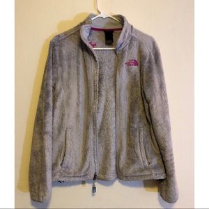 Gray and pink fuzzy North Face fleece
